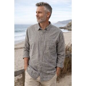 Artistry In Motion Button Down Shirt Men Lg Blue Linen Blend Long Sleeve Casual